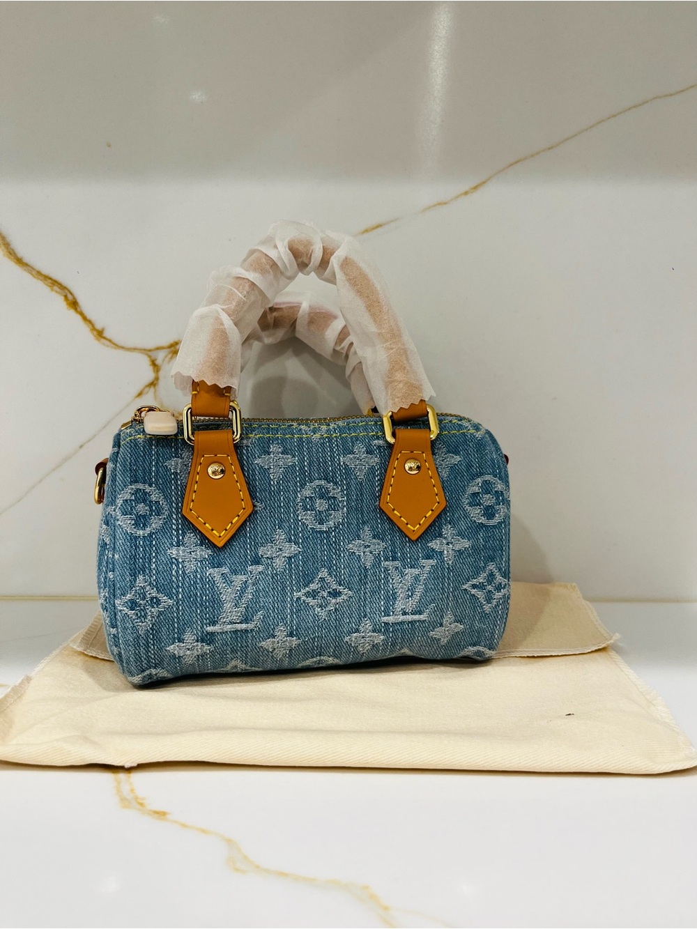 Inspired Denim Monogram Mini Top-Handle Bag with Tan Trim